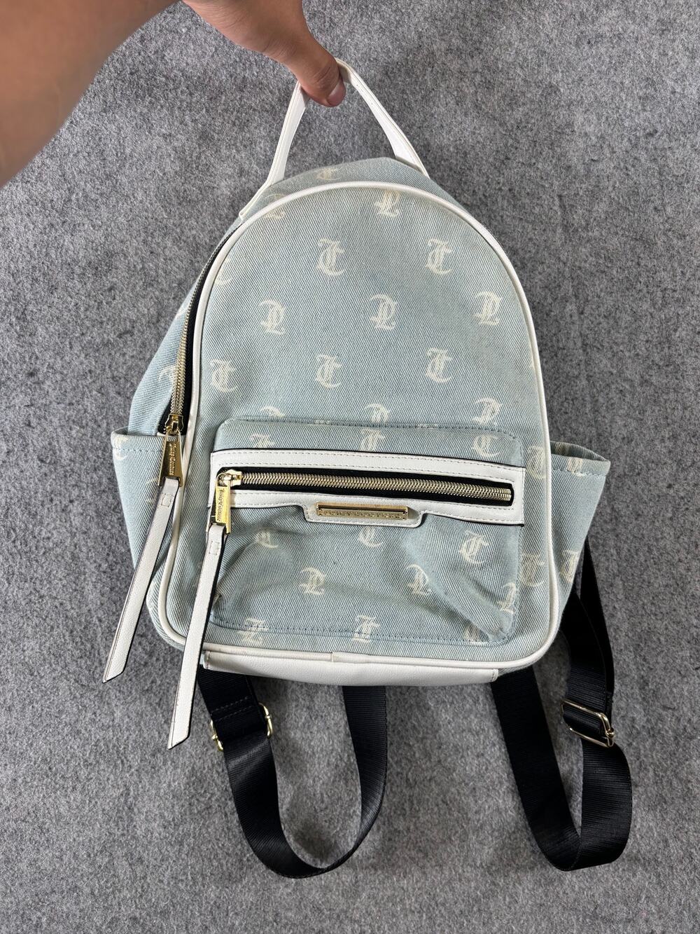 Juicy Couture Rosie Mini Backpack Gothic Denim Blue White Monogram Logo Y2K